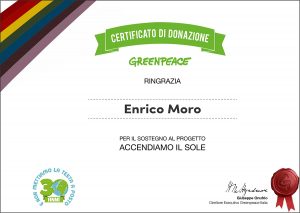 Enrico Moro, certificato di donazione Greenpeace